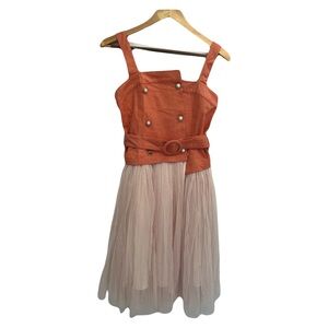 NWT ARTKA Orange and Cream Tulle Belted Asymmetrical Button Front Dress Medium